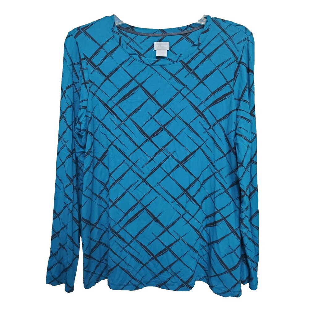 Chico's Teal Jersey Knit Crosshatch Print Long Sleeve Top Size 1 Medium